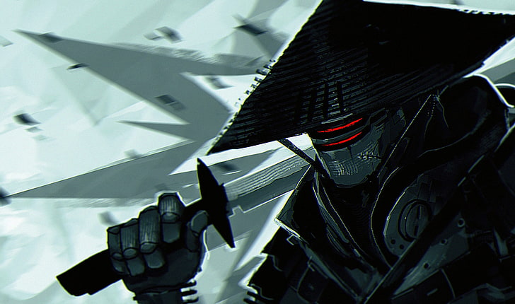 Иллюстрация персонажа Overwatch, роботы-ниндзя, Ривс Алексис, цифровое искусство, меч, HD обои