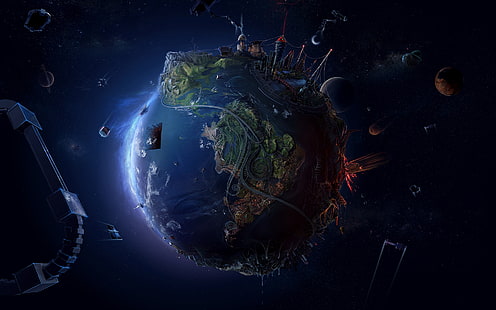 Abstrakte zukünftige Erde, über bevölkerter Erdillustration, Erde, Zukunft, Zusammenfassung, 3d und Zusammenfassung, HD-Hintergrundbild HD wallpaper