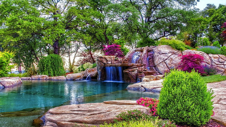 water, waterfall, lake, garden, plant, trees, nature, HD wallpaper