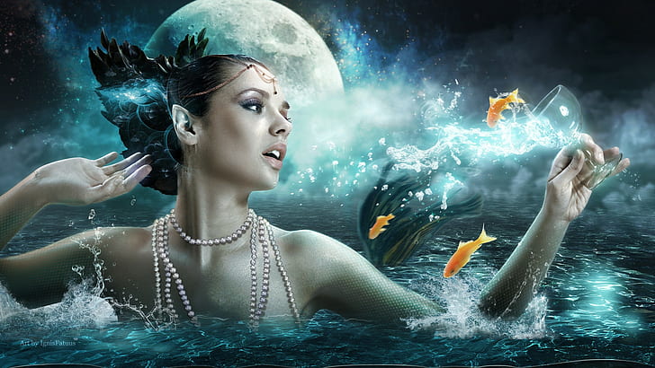 fantasy art, fantasy girl, digital art, face, Moon, pearl necklace, fish, HD wallpaper