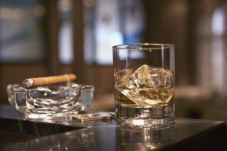 clear shot glass, glass, ice, cigar, whiskey, ashtray, stand, HD wallpaper