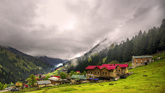 บ้านบนภูเขาสีเขียวภายใต้ท้องฟ้าสีเทาในเวลากลางวัน, ตุรกี, Rize, Ayder Yaylası, วอลล์เปเปอร์ HD HD wallpaper