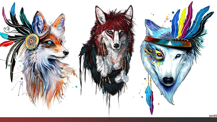 abstrakte Malerei mit drei Wölfen, Wolf, Collage, Tiere, Pelz, HD-Hintergrundbild
