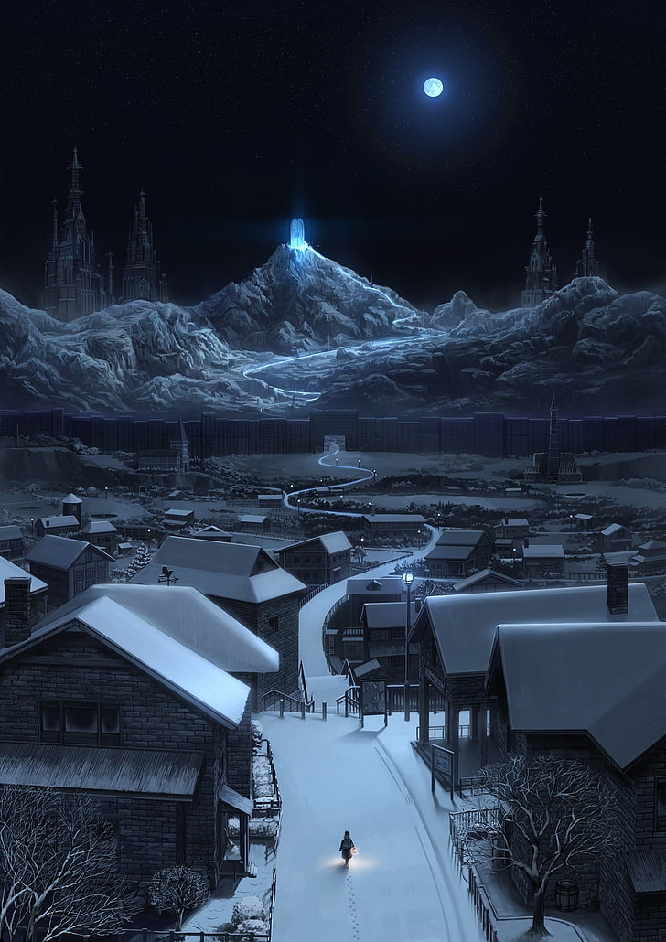 منازل بالقرب من جبل الصورة ، الليل ، الثلج ، الجبال، خلفية HD، خلفية الهاتف