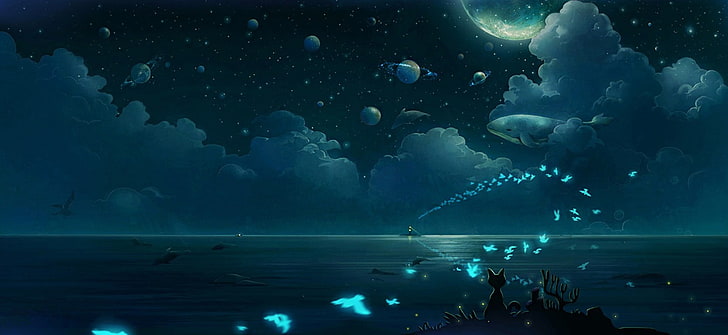 illustration of body of water, butterfly, clouds, night, planet, whale, cat, fish, animals, birds, HD wallpaper