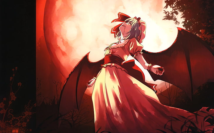 weibliche Anime Charakter digitale Tapete, Remilia Scarlet, Mädchen, Flügel, Vampir, Blut, HD-Hintergrundbild