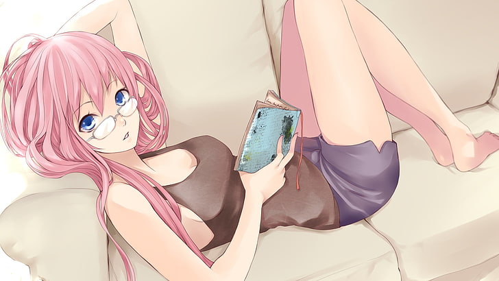 papel de parede de personagem de anime de cabelo rosa, garotas anime, anime, Megurine Luka, vocaloid, óculos, meganekko, olhos azuis, cabelo rosa, cabelos longos, com os pés descalços, HD papel de parede