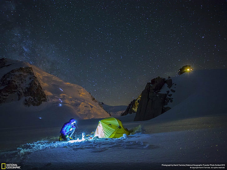 Night Tent Camp Camping Snow Stars Person HD, nature, night, snow, stars, person, camp, camping, tent, HD wallpaper
