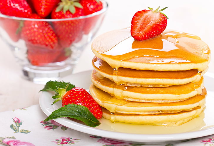 Food, Pancake, Breakfast, Strawberry, HD wallpaper