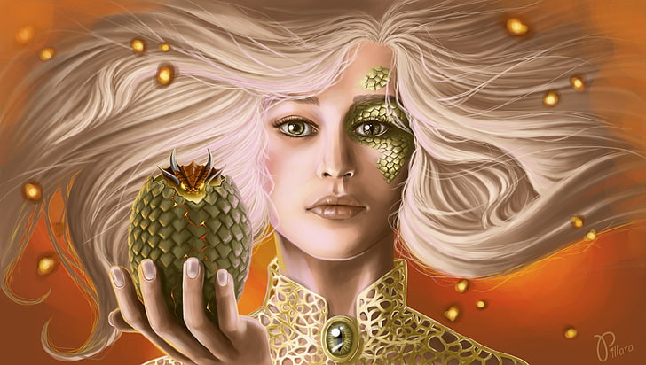 woman carrying snake character graphic wallpaper, look, dragon, egg, art, white hair, game of thrones, Daenerys Targaryen, scales, HD wallpaper
