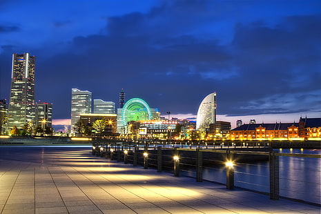 اليابان ، يوكوهاما ، بورت ، متروبوليس ، ليل ، أضواء ، بروميناد ، باي، خلفية HD HD wallpaper