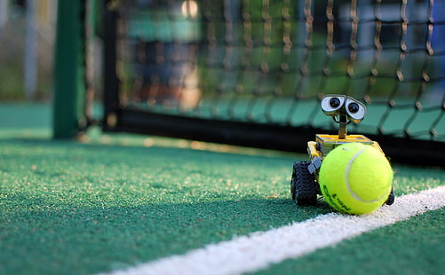 Macro shot photography of wall-e holding tennis ball, Macro shot, photography, Wall-e, e  Wall, Day, tennis court, court  tennis, Quebec, sport, tennis, ball, playing, outdoors, tennis Ball, competition, competitive Sport, HD wallpaper HD wallpaper