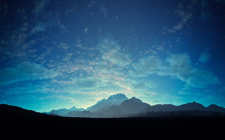 silhouette of mountain under cloudy blue sky, silhouette photo of mountains under blue sky and white clouds, blue, stars, mountains, starry night, clouds, landscape, nature, cyan, HD wallpaper