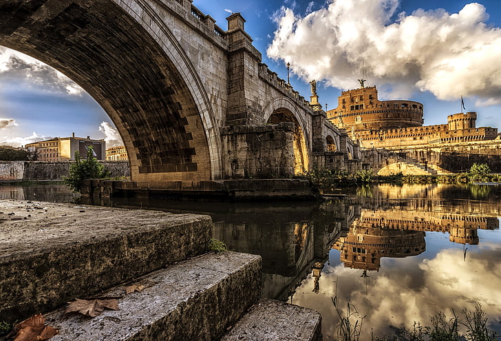 river, Rome, Italy, The Tiber, Ponte Sant'angelo, Castel Sant'angelo, HD wallpaper