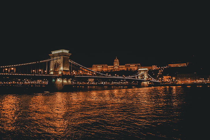 bridge with lights, city, Budapest, night, water, lights, bridge, Chain Bridge, Donau, HD wallpaper