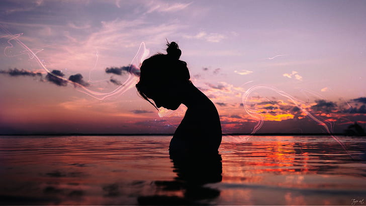 صورة ظلية ، المرأة ، غروب الشمس ، المحيط الهادئ، خلفية HD