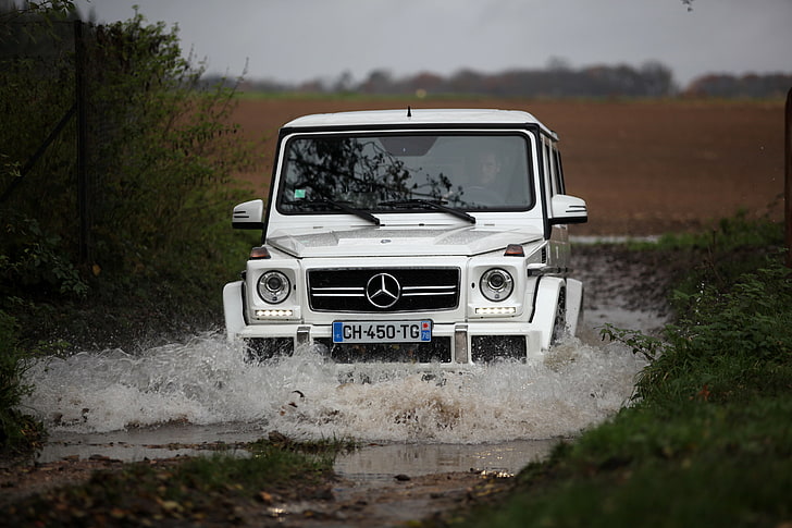 gray Mercedes-Benz G-Class SUV, white, water, squirt, Mercedes, the roads, amg, off-road, spray, g63, HD wallpaper