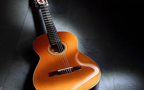chitarra classica marrone, musica, sottofondo, chitarra, Sfondo HD HD wallpaper