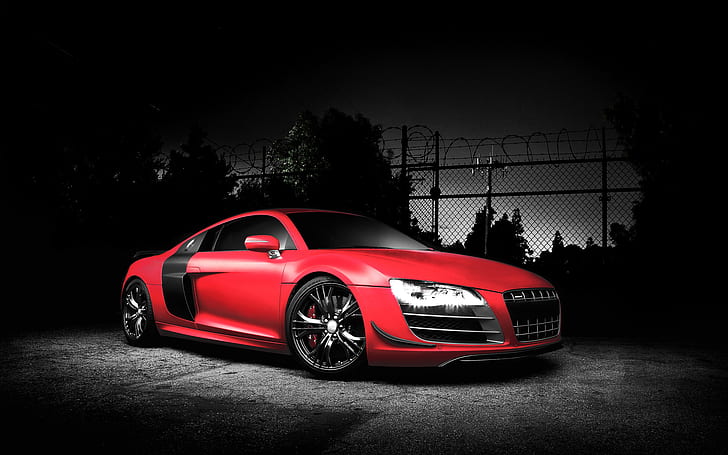 Audi r8, voiture, célèbre marque, rouge, quatre anneaux, fond sombre, audi r8, voiture, célèbre marque, rouge, quatre anneaux, fond sombre, Fond d'écran HD