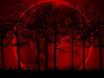قمر الدم الأحمر الفن الرقمي ، الأشجار ، السماء ، الكسوف ، الليل ، الدم، خلفية HD HD wallpaper