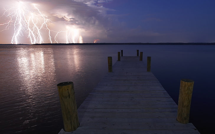 thunderstorm on body of water, storm, pier, lightning, nature, skyscape, HD wallpaper