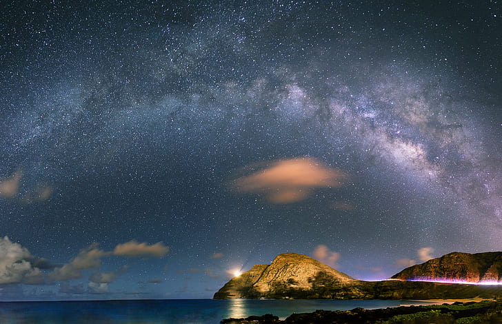photography of mountains besides body of water under starry night, Makapuu, Milky Way, photography, mountains, body of water, starry night, D600, Panorama, Astrophotography, Hawaii, Oahu, Stars, astronomy, star - Space, night, galaxy, nature, sea, space, nebula, sky, constellation, landscape, mountain, HD wallpaper