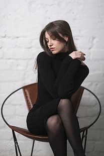 Мурат Кужахметов, женщины, брюнетка, черная одежда, закинув ногу на ногу, колготки, серьги-кольца, стул, стена, HD обои HD wallpaper