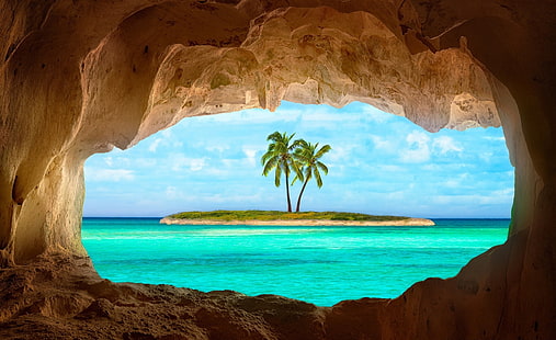 جزيرة صغيرة بها نخلة ، شجرتا جوز هند ، مواسم ، صيف ، جميل ، جزيرة ، شجرة نخيل، خلفية HD HD wallpaper