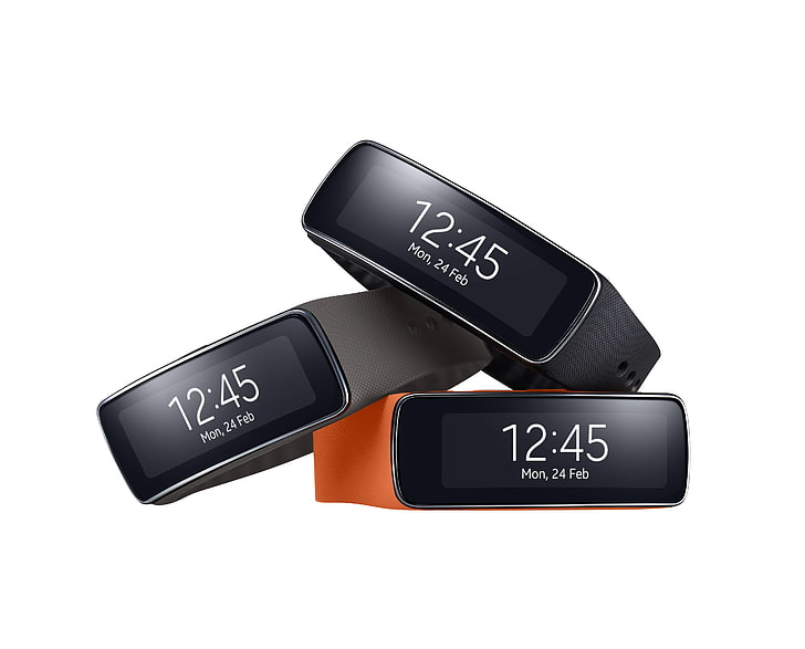 three smartwatches of various colors, samsung, galaxy, fit gear, watch, HD Wallpaper