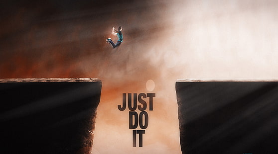 Just Do It, man jumping the gap with just do it digital text overlay digital wallpaper, Aero, Creative, HD wallpaper HD wallpaper