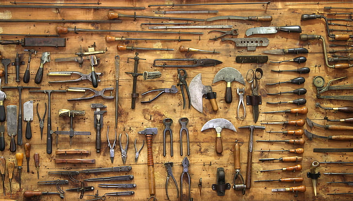 стена, инструмент, ножове, много, различни, ножици, клещи, длета, отвертка, за кожа, HD тапет