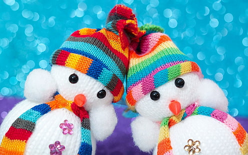 Brinquedos bonitos dos bonecos de neve do Natal, dois brinquedos do luxuoso da malha do boneco de neve, festivais / feriados, natal, festival, boneco de neve, HD papel de parede HD wallpaper
