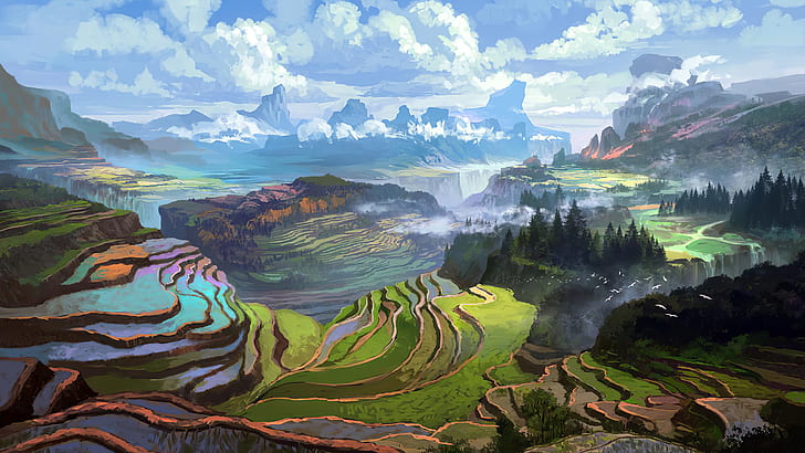 paysage, nature, numérique, montagnes, nuages, lumière du jour, concept art, Rice Terrace, illustration, Fond d'écran HD