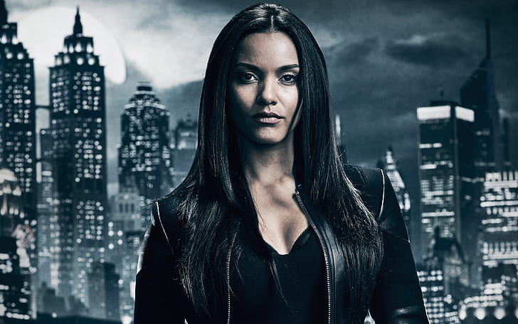 night, the city, lights, background, fiction, the moon, makeup, brunette, jacket, hairstyle, the series, beauty, poster, in black, TV Series, Gotham, The Tabitha Galava, Jessica Lucas, HD wallpaper