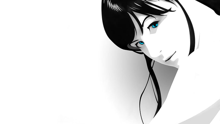 svarthårig kvinna illustration, animering, blå ögon, mörkt hår, kvinnor, selektiv färgning, enkel bakgrund, tittar på betraktaren, ansikte, HD tapet