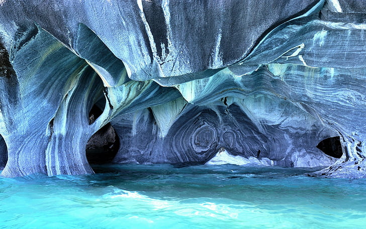 natura jaskinia kamienie streszczenie skała marmur patagonia ameryka południowa błękitne fale morskie chile turkusowy, Tapety HD