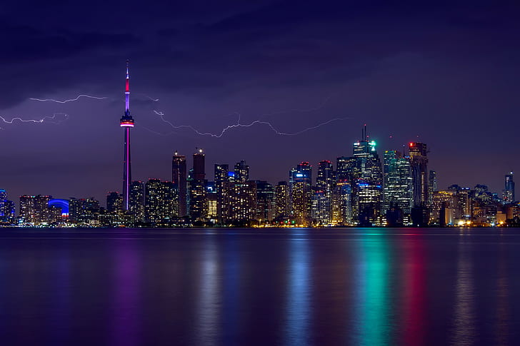 Kanada, Ontario, Toronto, budynki miejskie, Kanada, niebo, światła, wieczór, dom, burza, Ontario, Toronto, piorun, Tapety HD