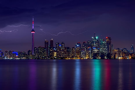 Canada, Ontario, Toronto, city buildings, Canada, sky, lights, evening, house, storm, Ontario, Toronto, lightning, HD wallpaper HD wallpaper