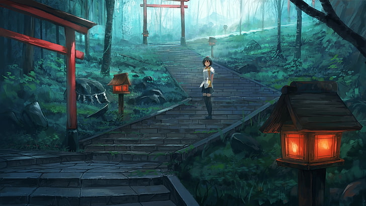 shameimaru aya, touhou, sanctuaire, escaliers, lumière, torii, Anime, Fond d'écran HD