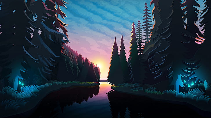 œuvres d'art, rivière, forêt, coucher de soleil, arbres, art fantastique, Fond d'écran HD