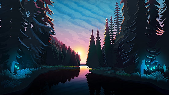 dzieło sztuki, rzeka, las, zachód słońca, drzewa, fantasy art, Tapety HD HD wallpaper