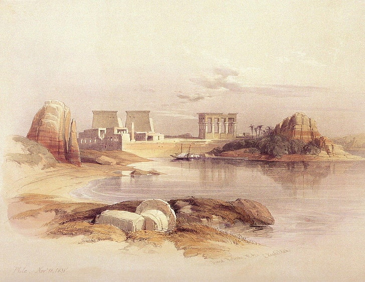 Berg, Gewässer und Gebäude Kunstwerk, David Roberts, Ägypten, Malerei, HD-Hintergrundbild