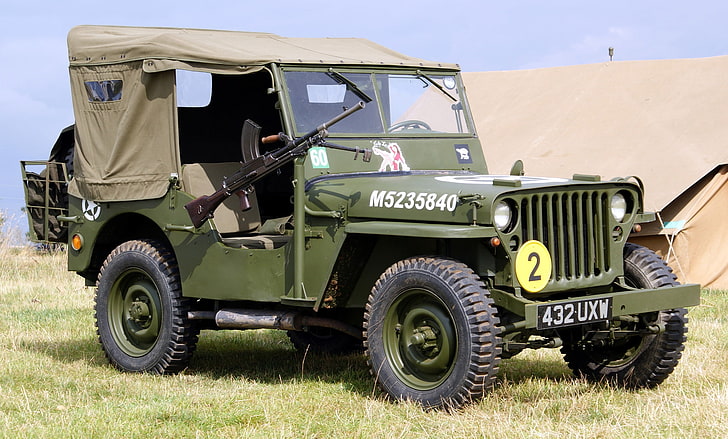 green off-road vehicle, grass, war, car, machine gun, army, manual, 1944, Jeep, high, patency, world, Second, times, 