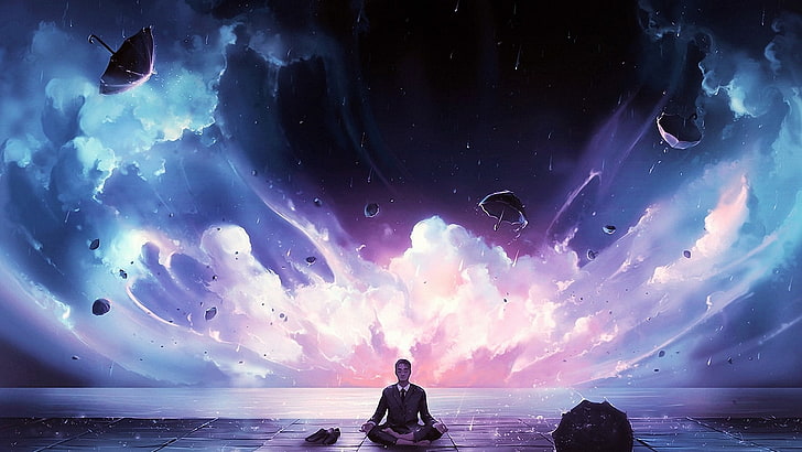 hombre con traje negro chaqueta, arte fantasía, meditación, Fondo de pantalla HD