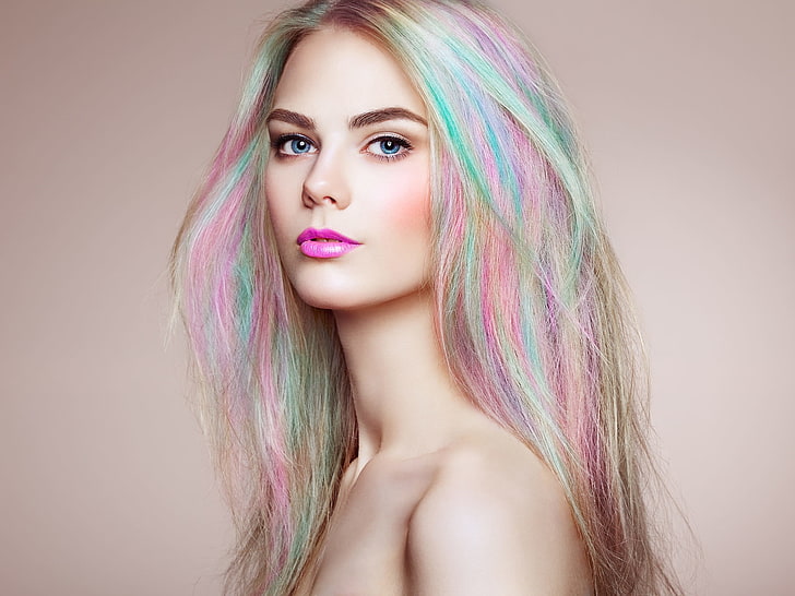 портрет, макияж, губка, Олег Гекман, модельная девушка с разноцветными окрашенными волосами, HD обои