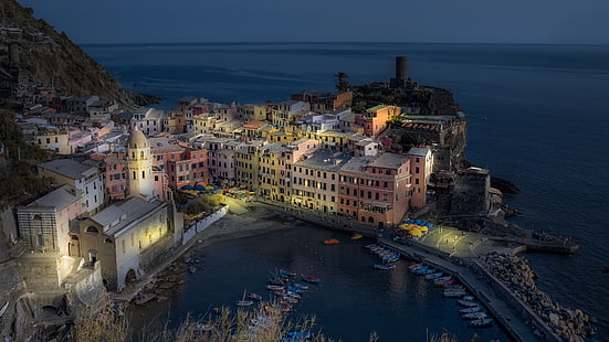 Vernazza, Cinque Terre, ciudad, Italia, cielo, Europa, costa, tarde, noche, mar, Fondo de pantalla HD HD wallpaper