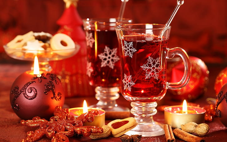 Natale, Capodanno, bevande, ornamenti natalizi, candele, biscotti, fiocchi di neve, vetro, Sfondo HD