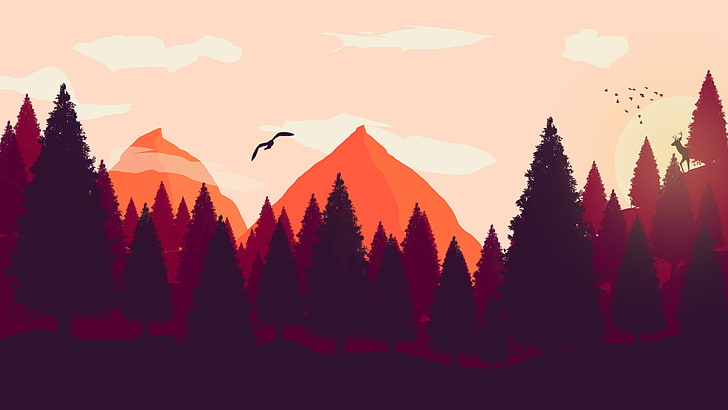 ilustracja lasu, Firewatch, sztuka cyfrowa, ptaki, las, krajobraz, jelenie, góry, drzewa, chmury, wschód słońca, Photoshop, minimalizm, Tapety HD