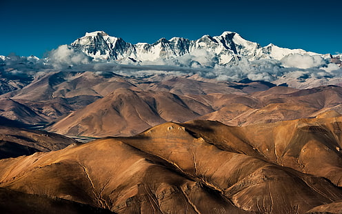 fondo de pantalla de montaña marrón, nubes, montañas, China, Tíbet, Cho Oyu, Fondo de pantalla HD HD wallpaper