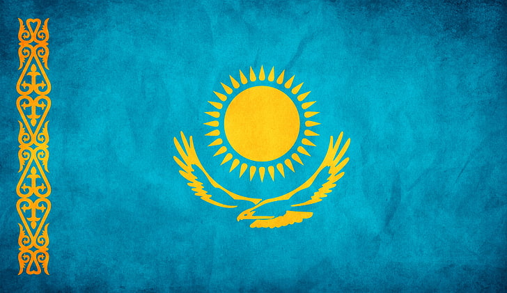 rund gul sol logotyp, kazakstan, flagga, frihet, HD tapet